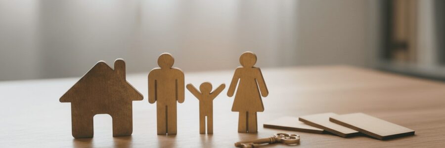 Wooden family figures and house with keys on table.